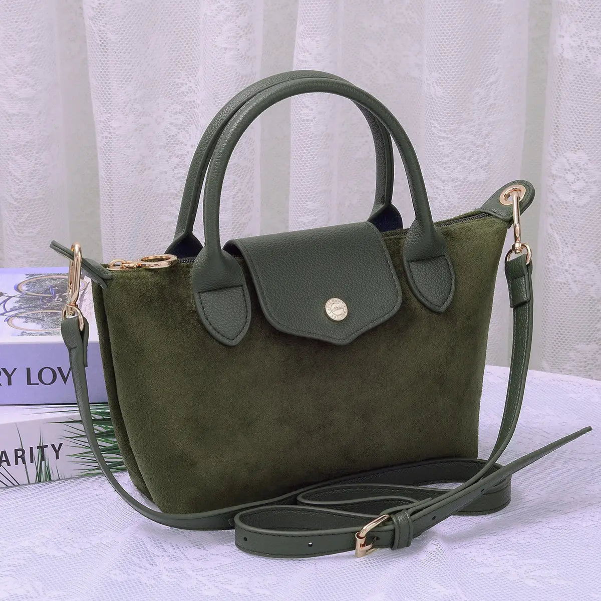 Britney Suede Double Handle Crossbody Bag - Taupe, Camel, Olive or Maroon