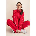RAE MODE BUTTER SOFT PIPING QUATER ZIP PULLOVER -TRUE RED /CREAM