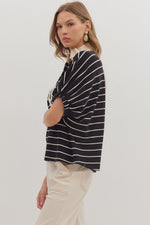 Black and Cream Striped Short Sleeve Top with Contrast Trim