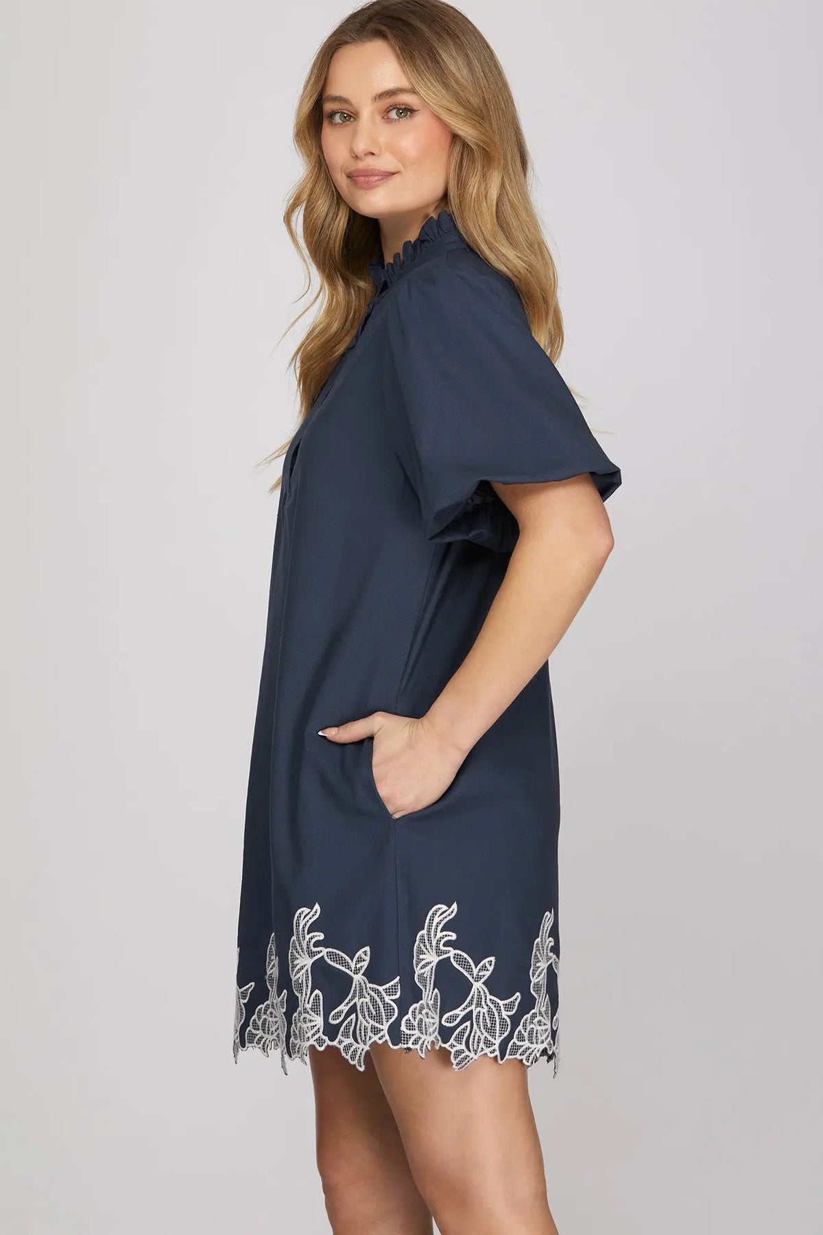 Tucker Navy Shift Dress with Embroidered Hemline