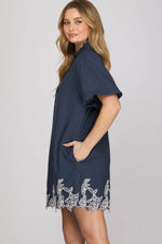 Tucker Navy Shift Dress with Embroidered Hemline