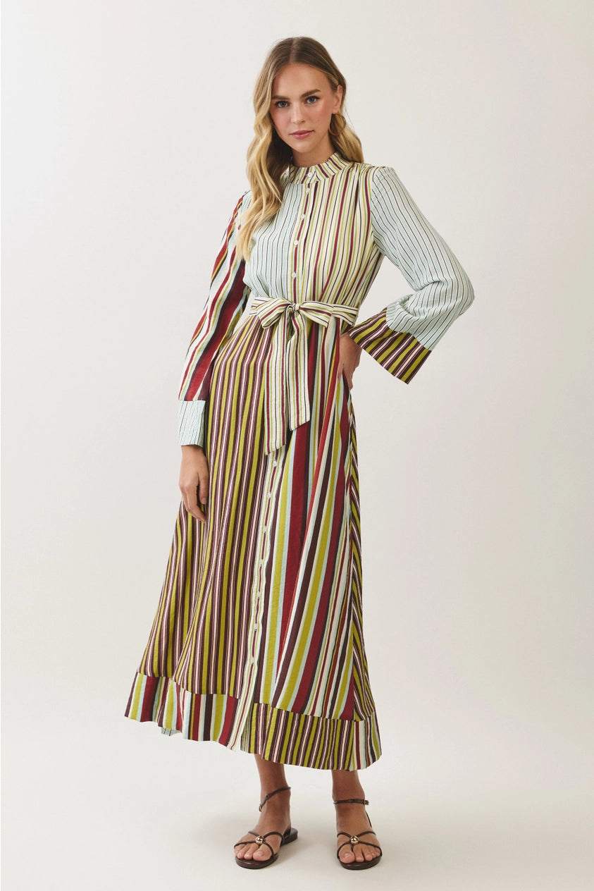 Rylen Mixed Stripe Belted Shirt Maxi Dress