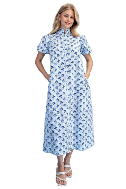 Cobalt Blues Ruffle Collar Button Down Midi