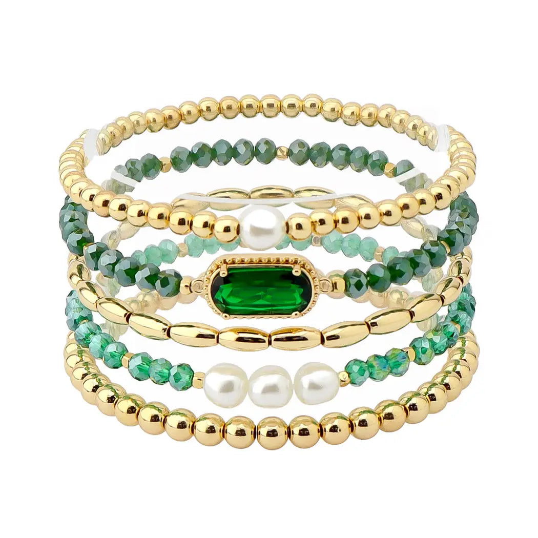 GREEN CRYSTAL, PEARL, AND GOLD STRETCH BRACELETS