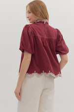 Burgundy Top with Embroidered Trim