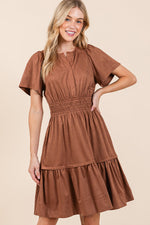 Camel Suede Short Sleeve Dress with Smocked Waist