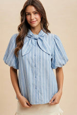 Jenna Blue Stripe Button Down Bow Tie Top