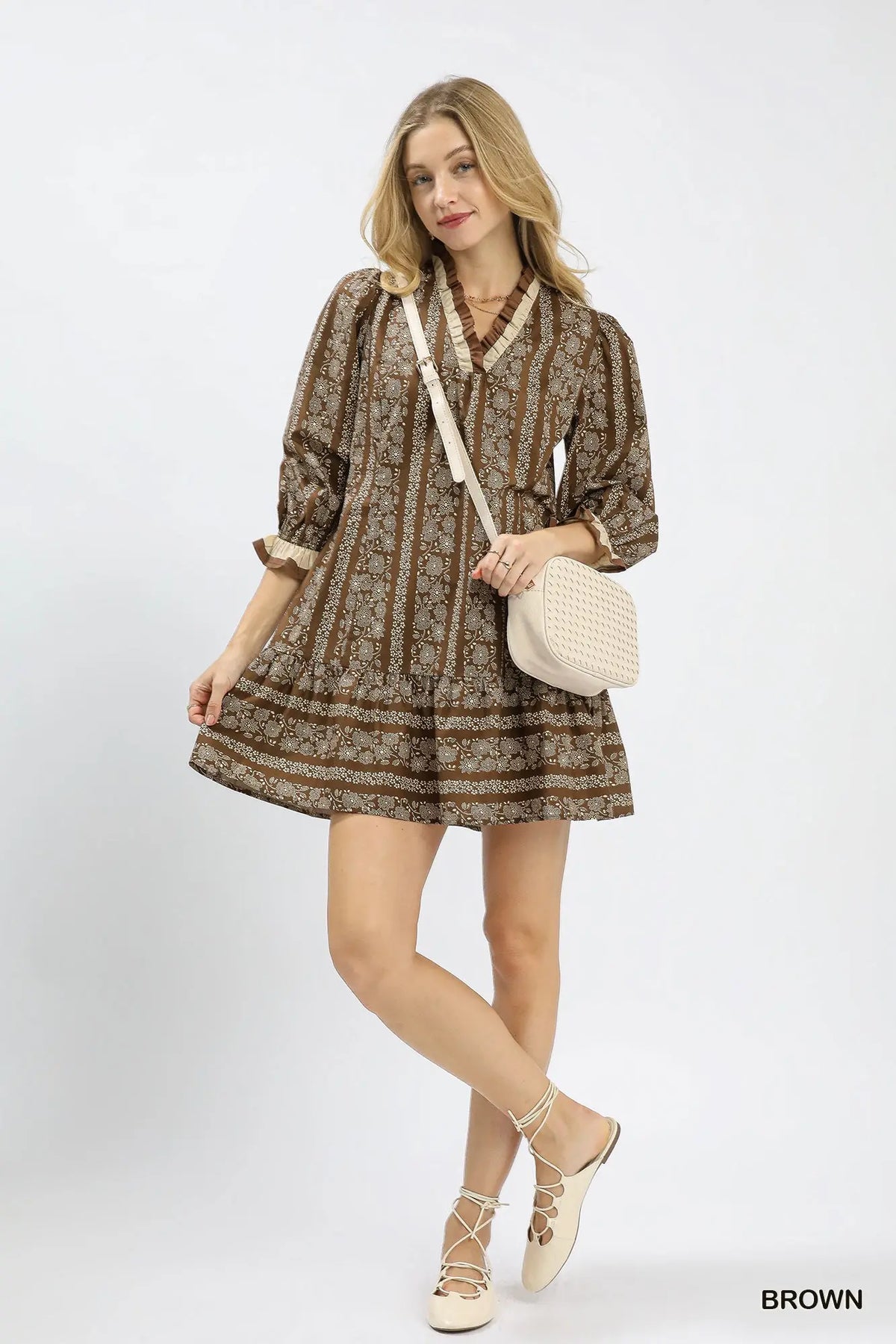 Anna Floral Stripe Ruffle Trim Mini Dress