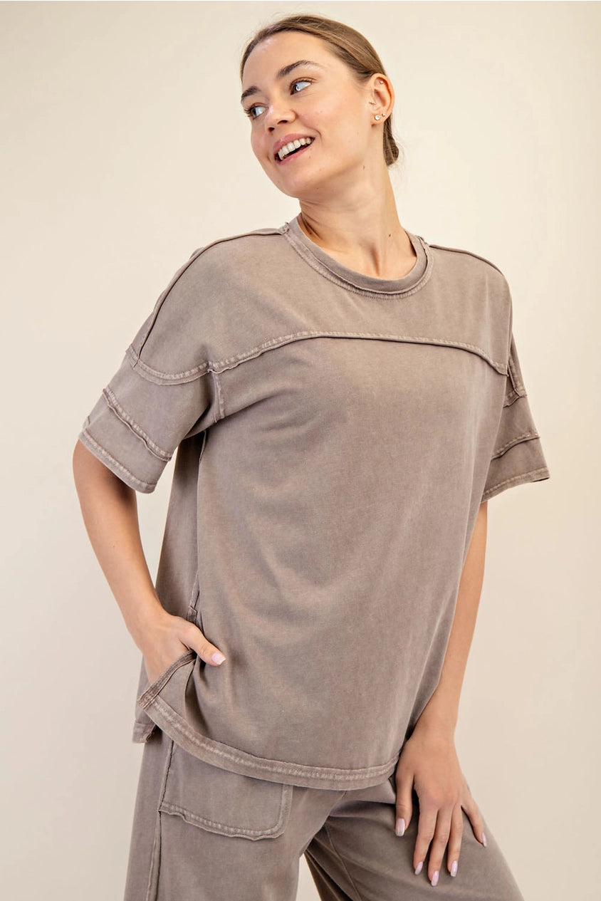 Light Taupe Mineral Wash Crew Neckand Wide Leg Pant SET by Rae Mode