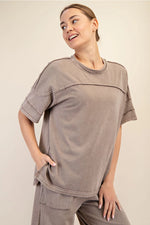 Light Taupe Mineral Wash Crew Neckand Wide Leg Pant SET by Rae Mode