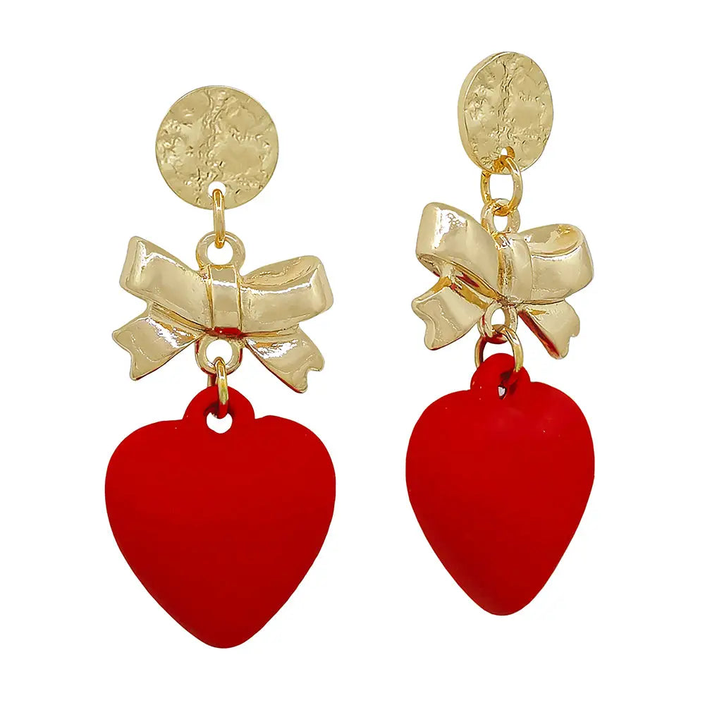 HAMMERED CIRCLE STUD WITH GOLD BOW AND RED HEART DROP EARRING