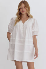 Simple White Dress with Pintuck Pleats, Puff Shoulders and Pockets!