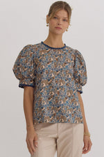 Navy and Camel Floral Top with Scallop Trim