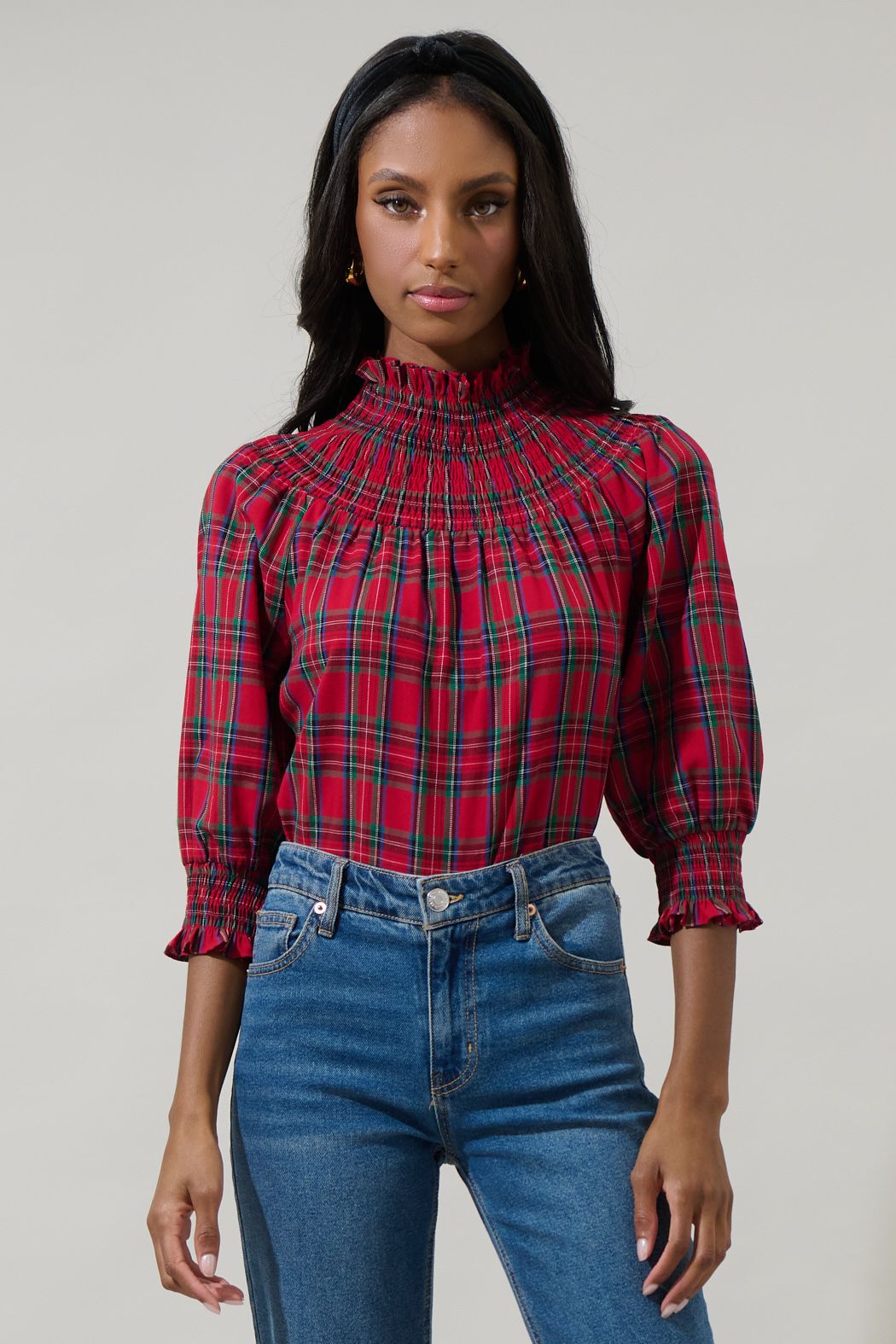 Jace Plaid Verity Smocked Top- Red