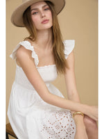 Emilie Smocked Ruffle Sleeve Eyelet Hem Midi Dress ** White or Ecru