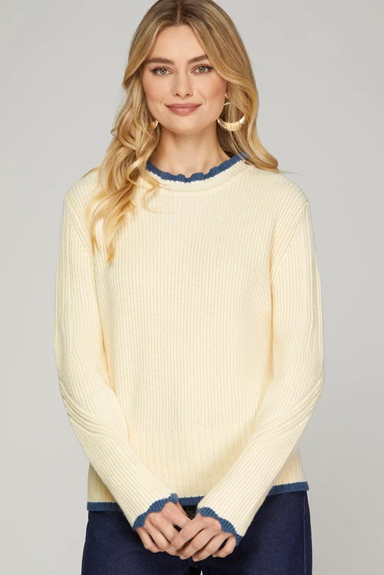 Cream Sweater with Blue Trim Neck Contrast