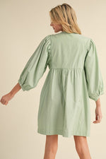 Light Green 3/4 Sleeve Striped Mini Dress with Crochet Lace Detail
