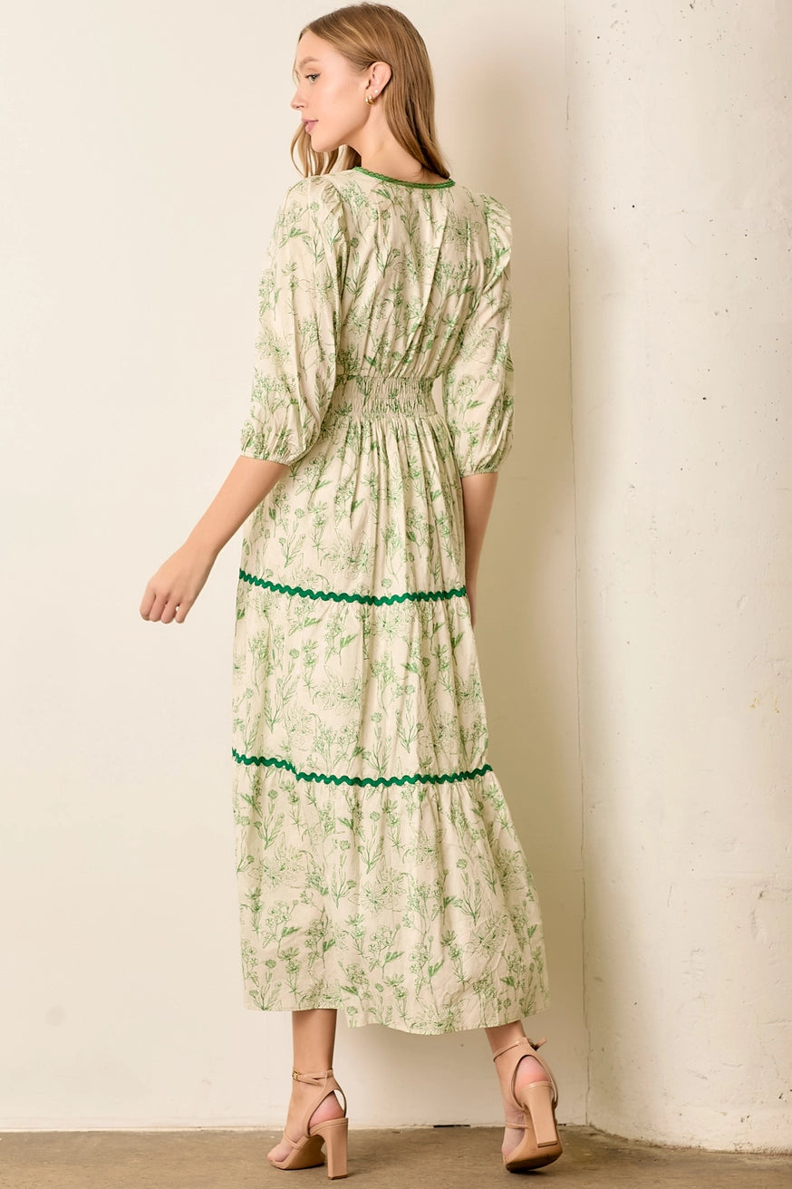 FLORAL PRINT ELASTIC WAIST TIERED MAXI DRESS