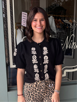 Black Short Sleeve Button Cardigan with Ivory Embroidered Detail