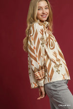 Cream Mix Boho Print Ruffle Neck Blouse