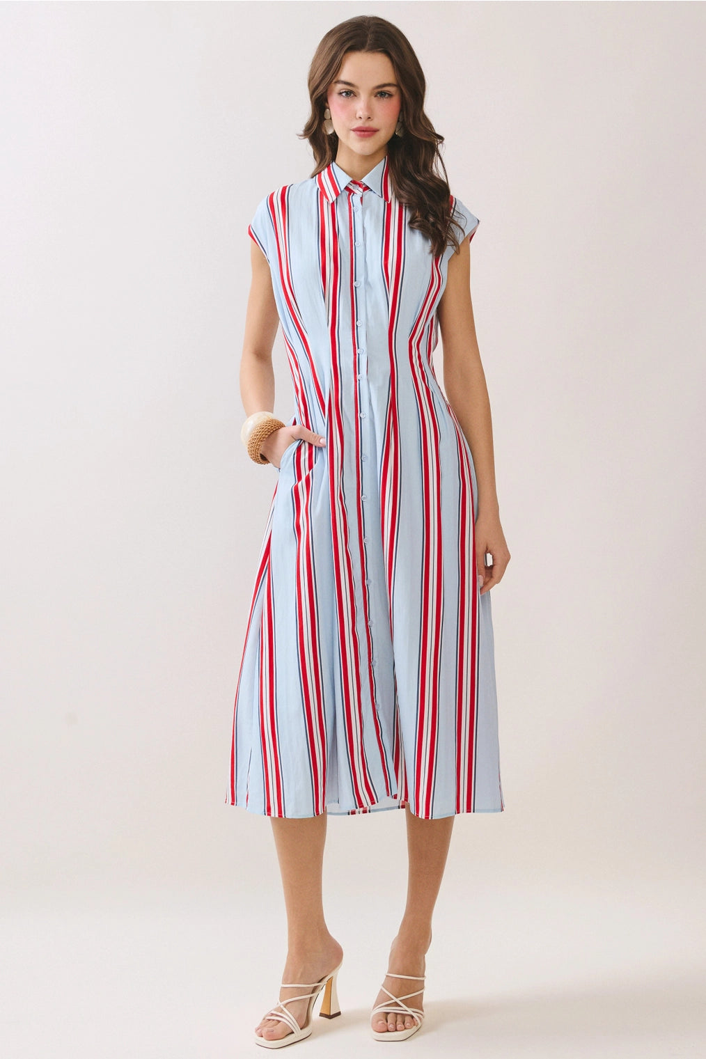 Tessa Fitted Bodice Striped Button Down Midi Dress- Red/Sky Blue/White