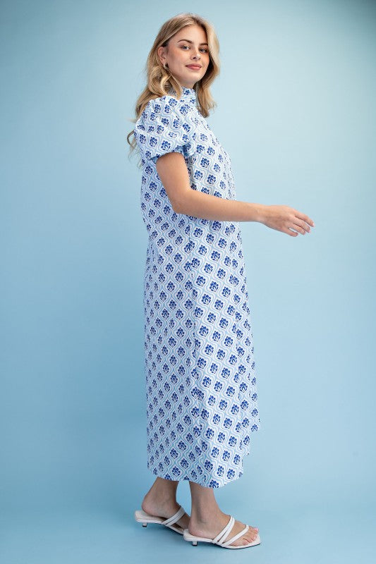 Cobalt Blues Ruffle Collar Button Down Midi