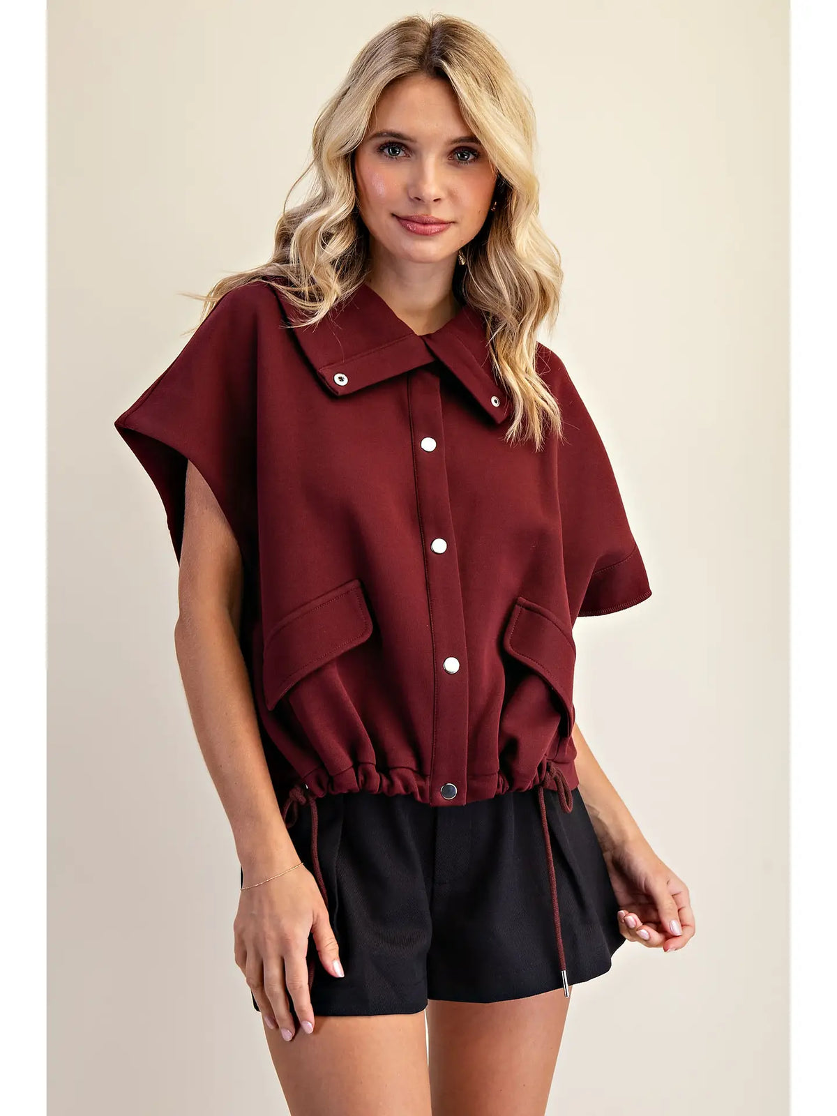 Gabby High Neck Button Vest - Burgundy