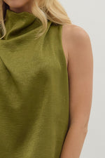 Olive Sleeveless Mock Neck Top with Draped Front
