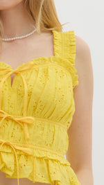 Yellow Floral Eyelet Top featuring Smocked Shoulder and Bow Tie Closure