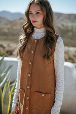Heidi Button Down Suede Shift Dress- Camel