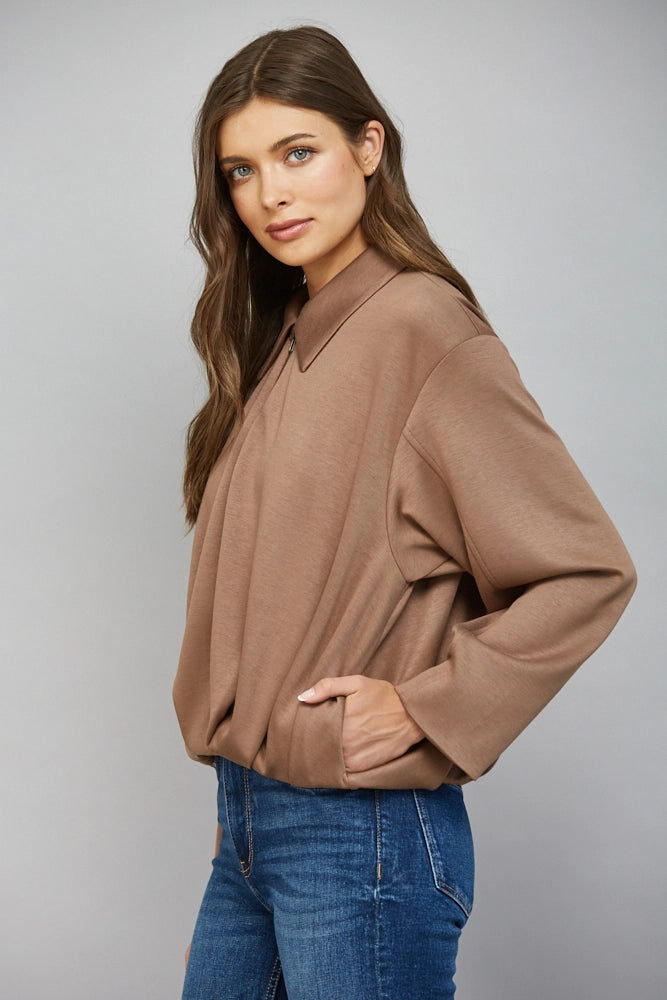 Super Soft Mocha Pleated Hemline Zip Front Closure Bomber Jacket by Fate