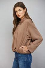 Super Soft Mocha Pleated Hemline Zip Front Closure Bomber Jacket by Fate