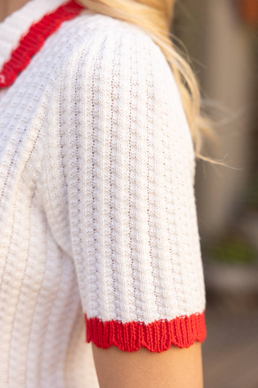Nina Pearl Accent Button Scalloped Knit Top with Red Contrast