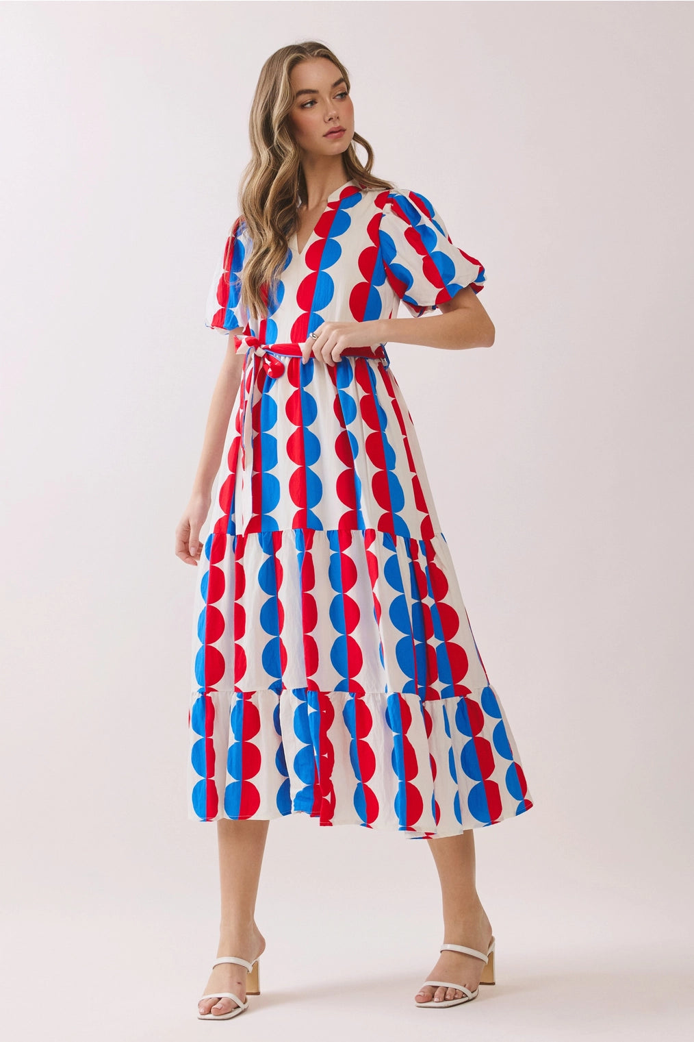 Tyra Scallop Print Self Tie Waist Tiered Midi Dress