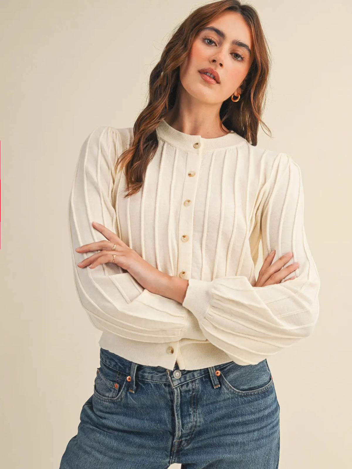 Soft Ribbed Cardigan -Cream