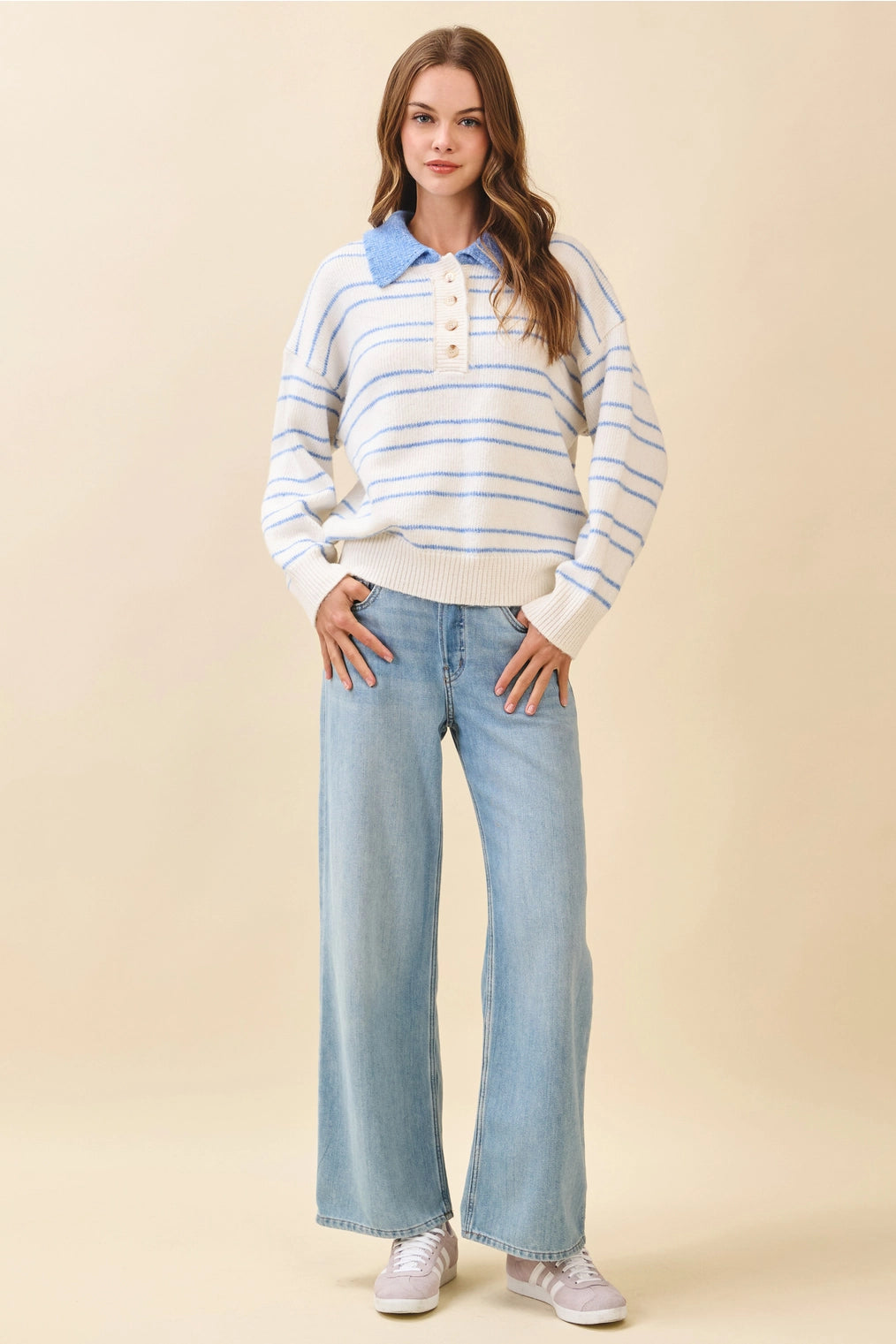 Veda Striped Knit Drop Shoulder Ribbed Trim Pullover