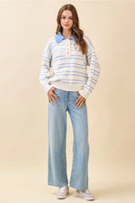 Veda Striped Knit Drop Shoulder Ribbed Trim Pullover