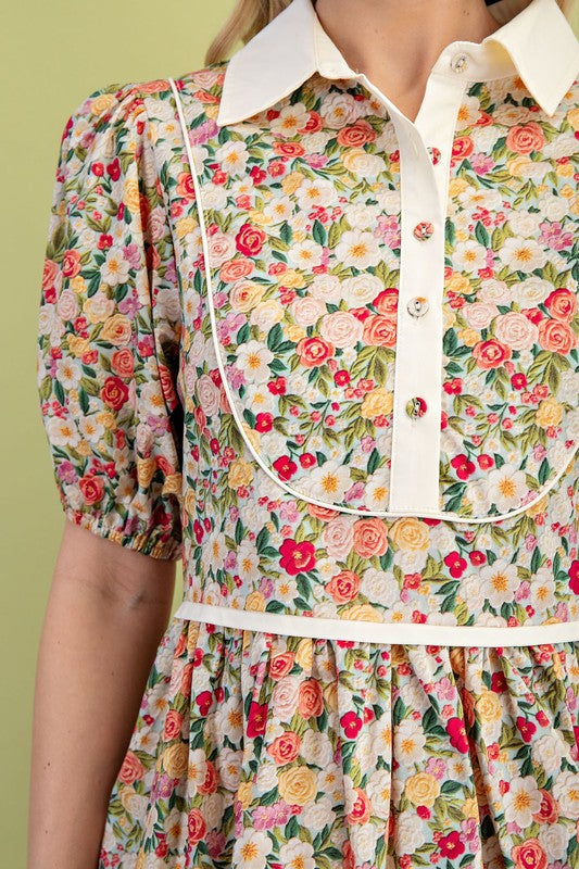 Vintage Floral Half Button Detail Mini Dress with White Piping Contrast