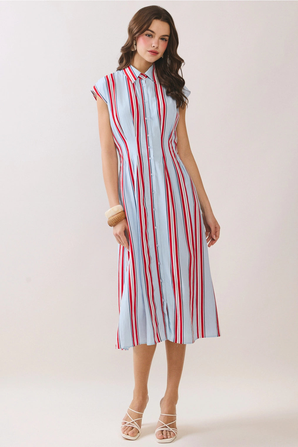 Tessa Fitted Bodice Striped Button Down Midi Dress- Red/Sky Blue/White