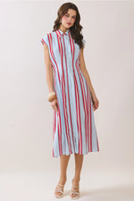 Tessa Fitted Bodice Striped Button Down Midi Dress- Red/Sky Blue/White