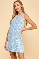 BABY BLUE MINI WITH GOLD FLOWER BUTTONS AND SPARKLE LACE OVERLAY