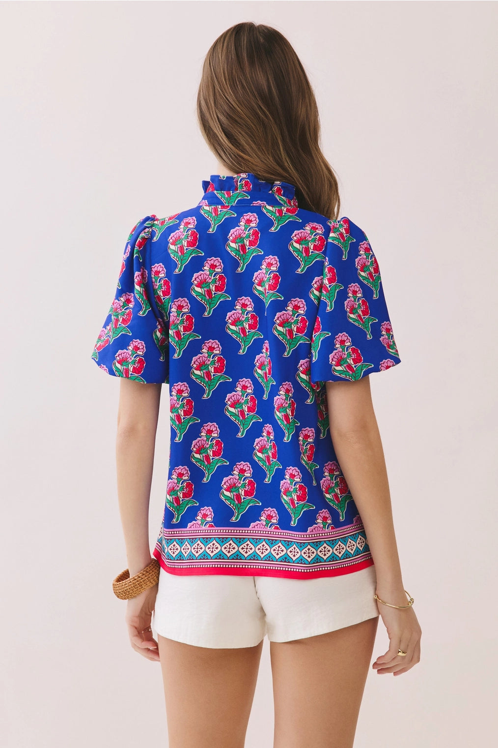 Clara Floral Print Contrast Border Hem Split Neck Blouse- Royal