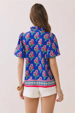 Clara Floral Print Contrast Border Hem Split Neck Blouse- Royal