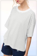 Basic Striped Drop Shoulder Short Sleeves Top** Light Gray or Blue