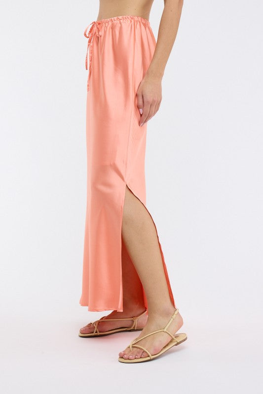 Victoria Satin Midi Skirt with Side Slit- Melon
