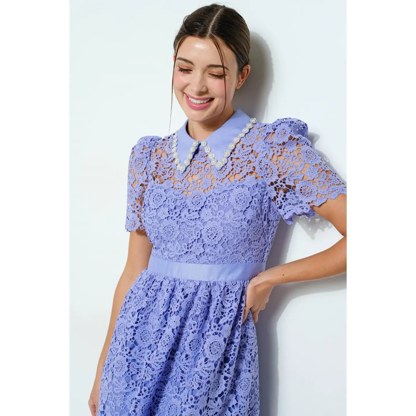 SALE! Penelope Periwinkle Pearl Embellished Collar Lace Midi Dress To The Nines SALE! Penelope Periwinkle Pearl Embellished Collar Lace Midi Dress To The Nines