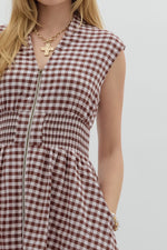Mocha Gingham Zip Front Midi Dress with Side Pockets