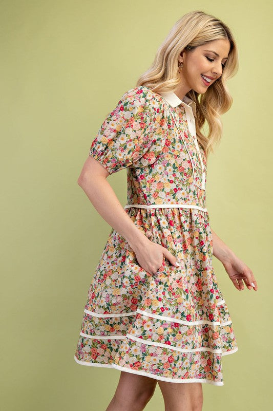 Vintage Floral Half Button Detail Mini Dress with White Piping Contrast