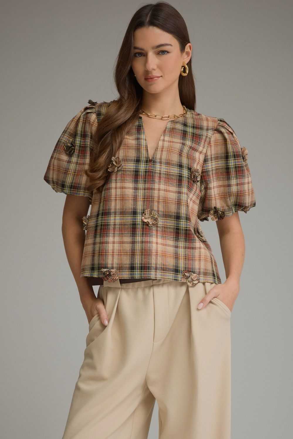 Savannah Plaid 3D Floral Top