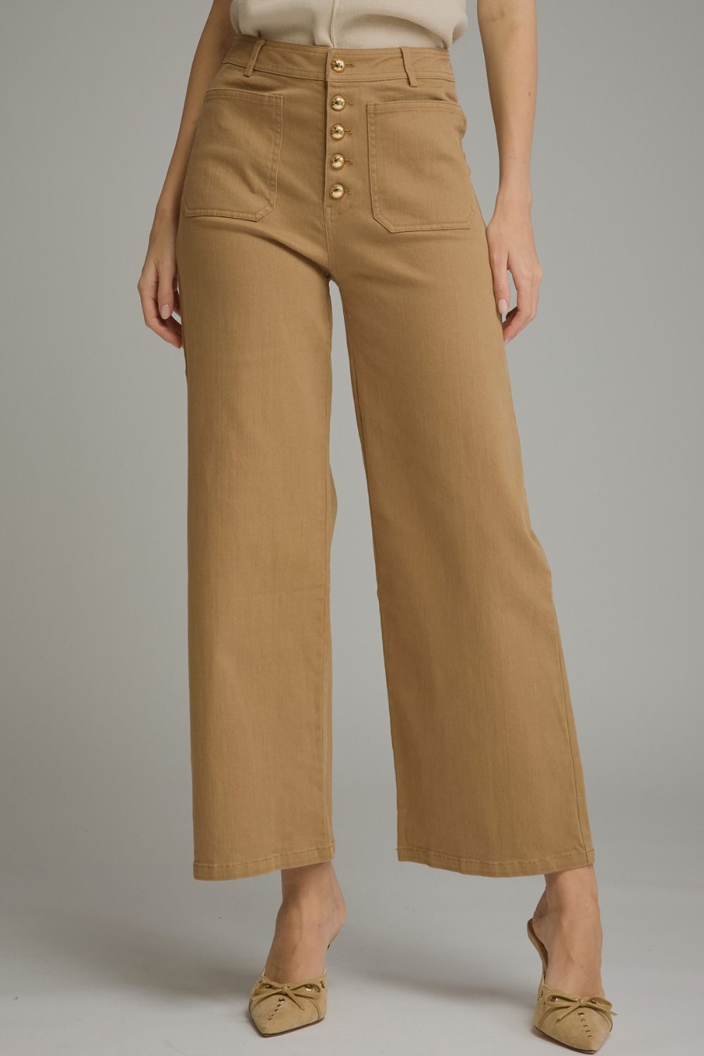 Heidi Gold Button Down Patch Pocket Wide Leg - Light Camel